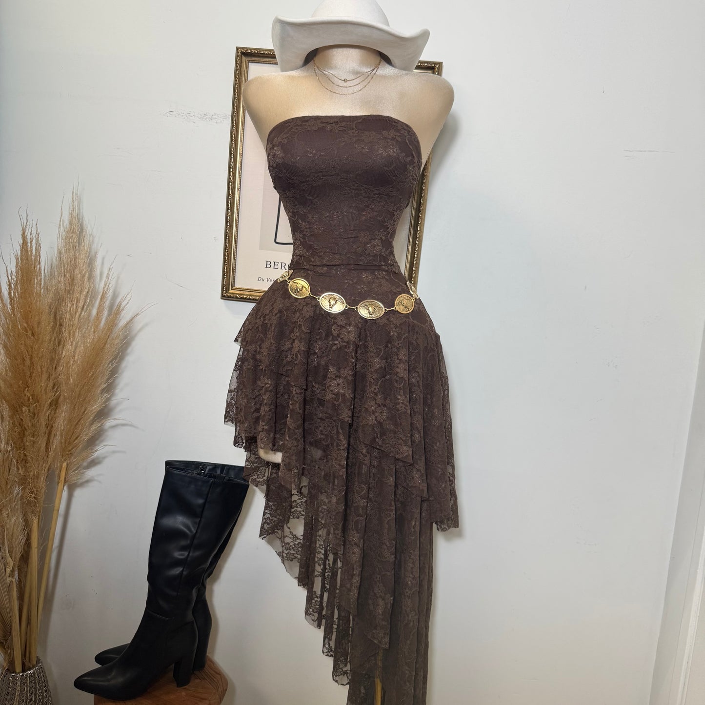 Lace Double Layer Ruffle Asymmetrical Maxi Dress-Brown