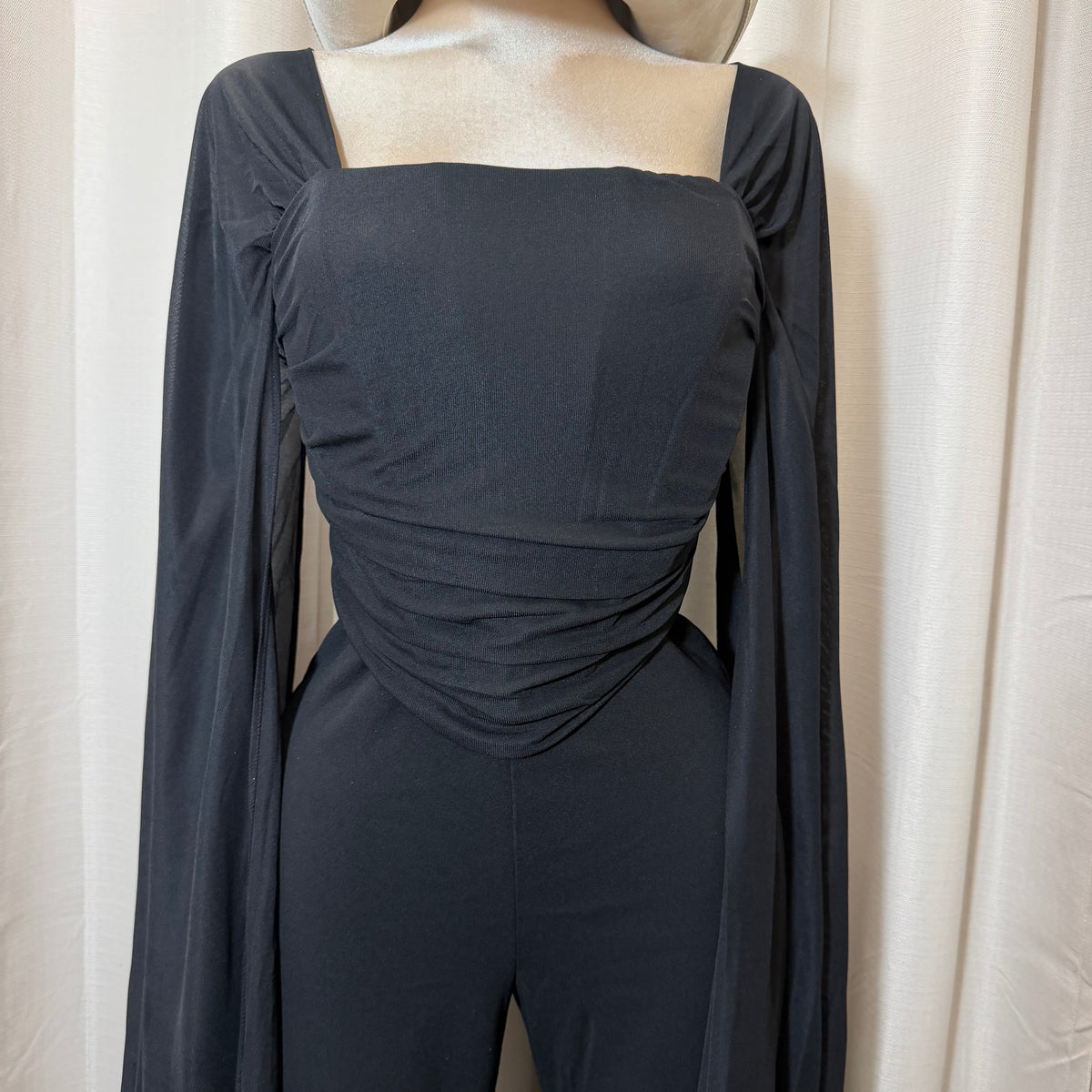 Mesh Cape Sleeve Corset Jumpsuit-Black