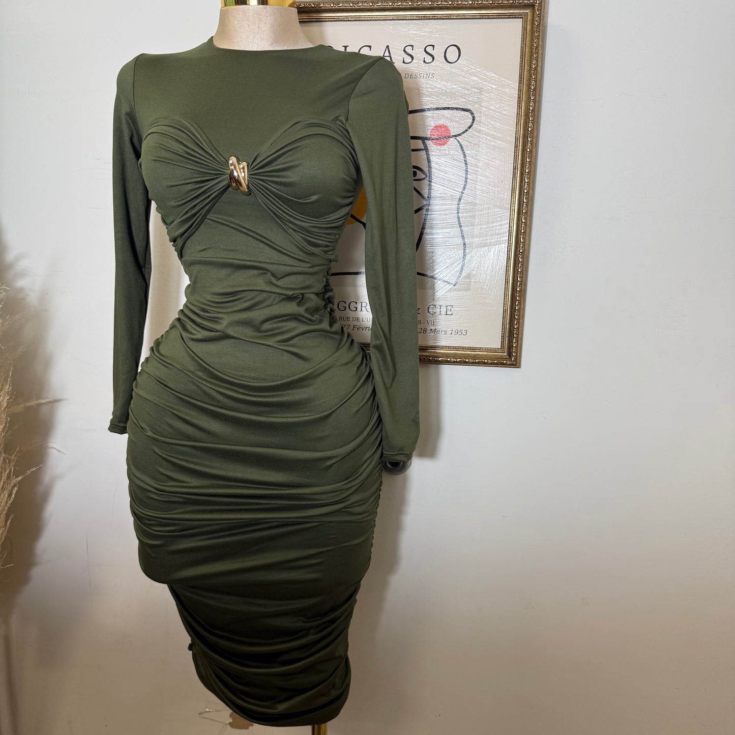 Long Sleeve Double Layered Midi Dress-Olive