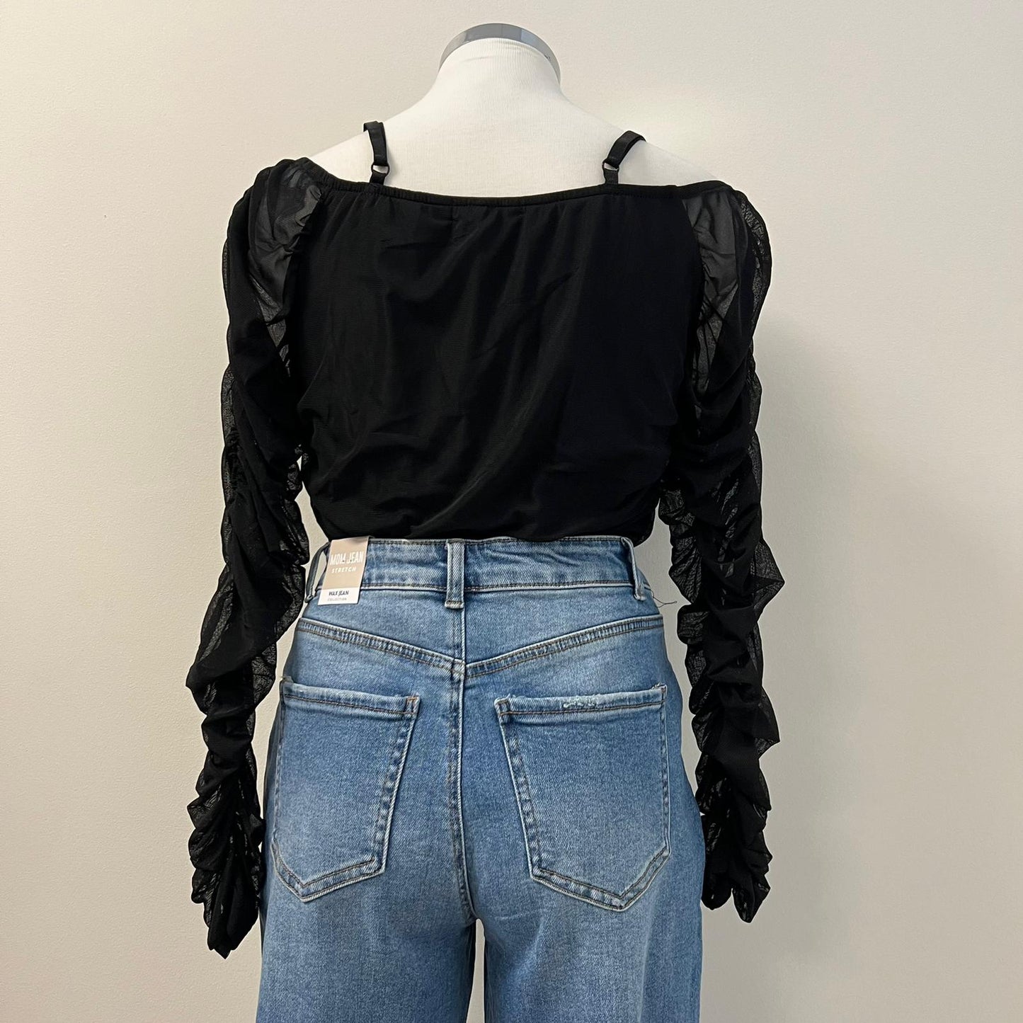 Sol Off Shoulder Sheer Mesh Ruched Top PL-Black