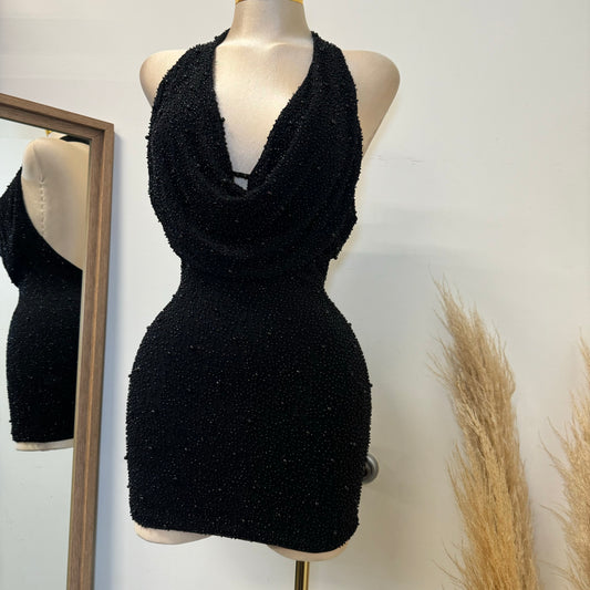 Cowl beaded Halter Dress-Black