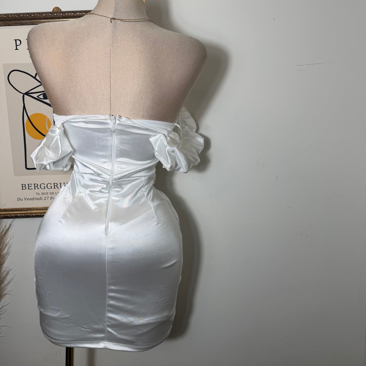 Satin Off Shoulder Dress-White