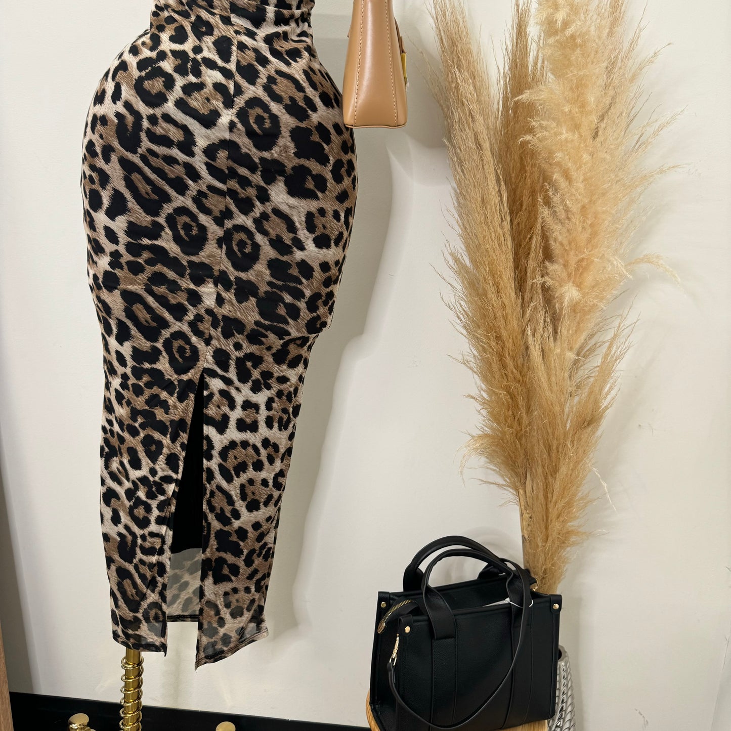 Mesh  Animal Printed Maxi Dress-Brown/Black