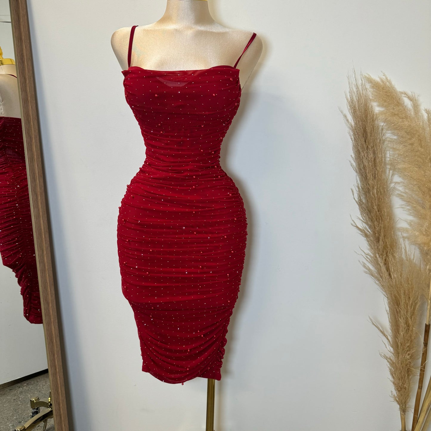 Capri Rhinestone Midi Dress-Red