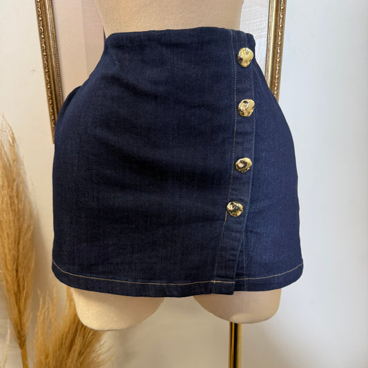 Button Denim Skort-DK Blue