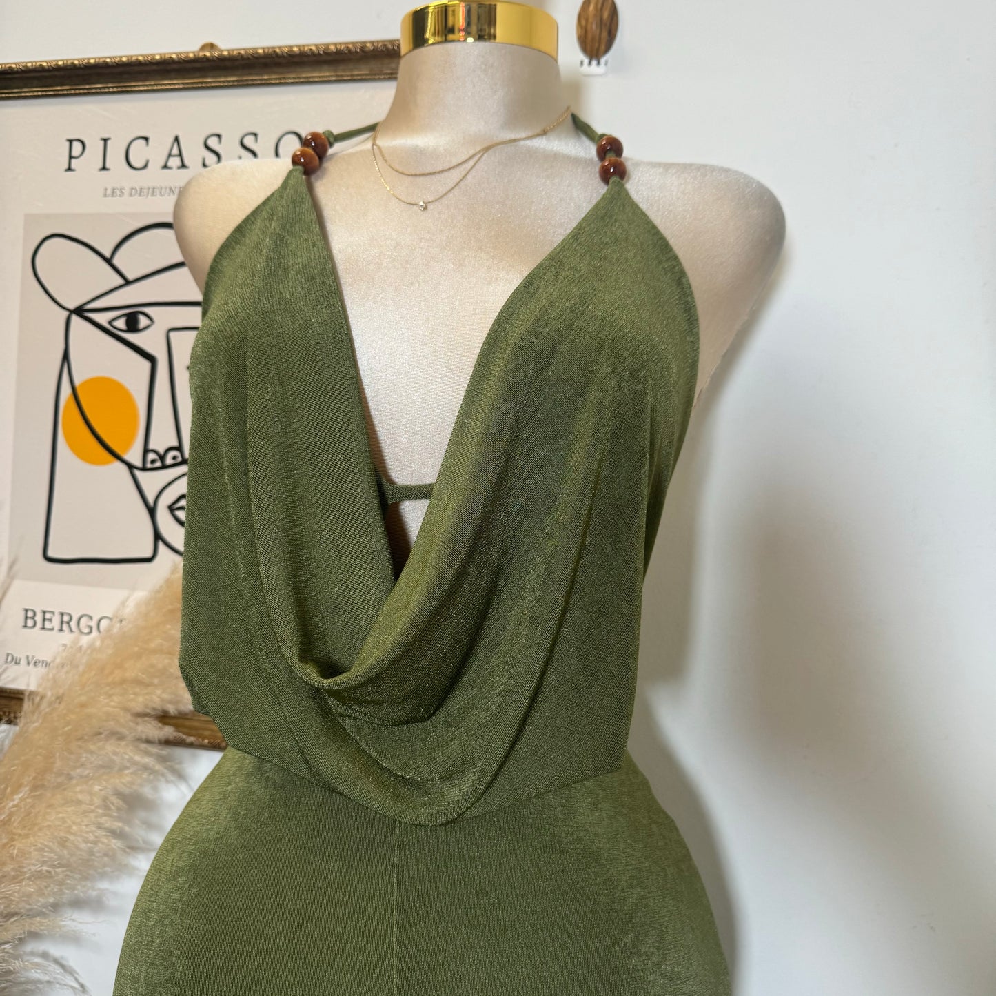Bead Cowl Neck Halter Jumpsuit-Green