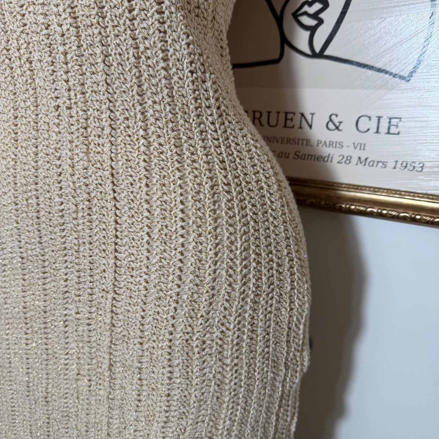 One shoulder Metallic Crochet Knit Mini Dress-Natural