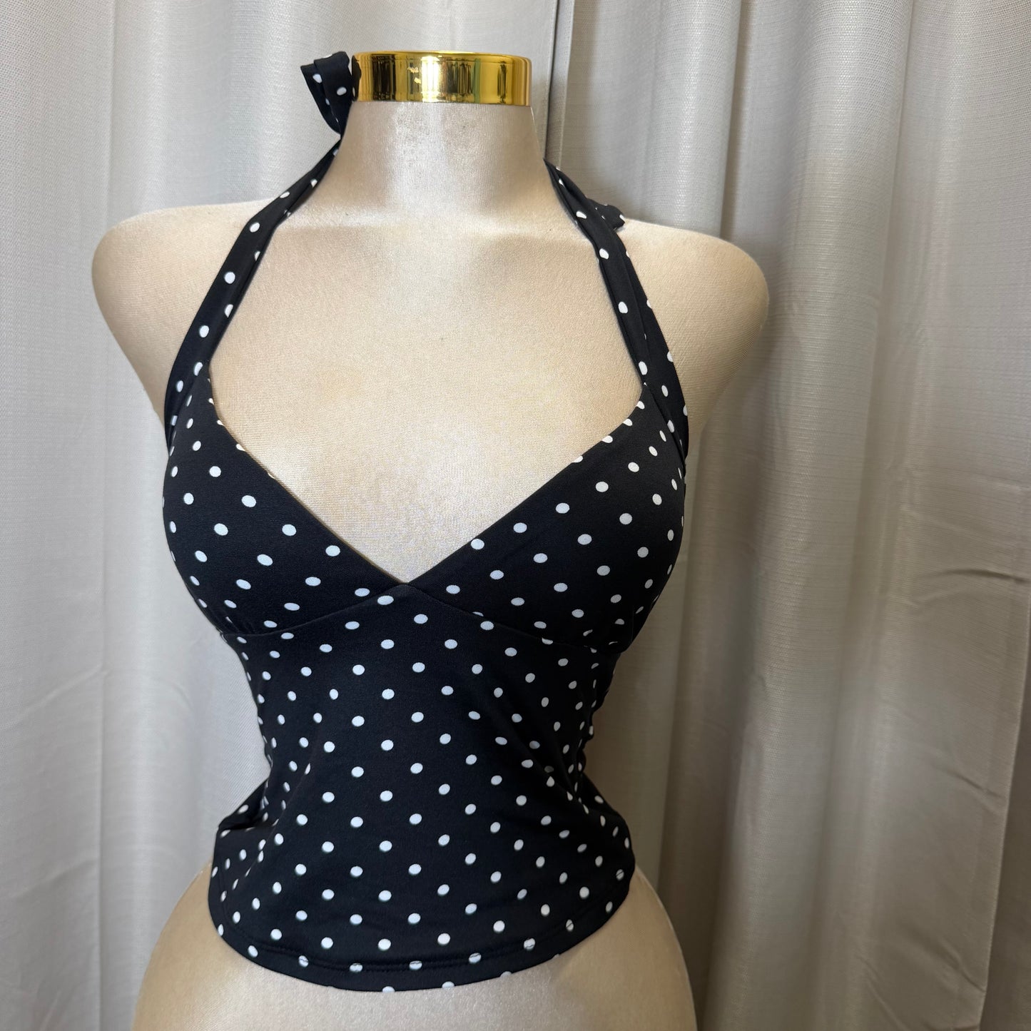 Sleeveless Halter Polka Dot Crop Top-Black/White