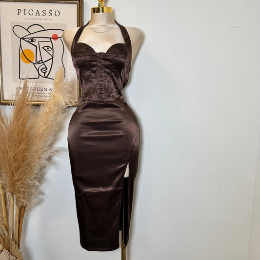 Corset Halter Satin Dress-Chocolate