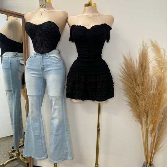 Floral Jacquard Knit Corset Top-Black