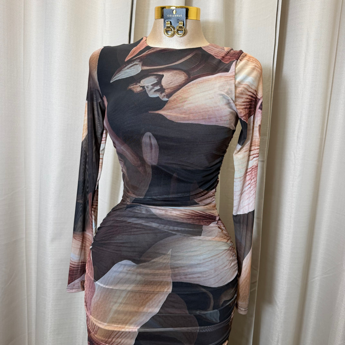 Big Flower Mesh Shirring Midi Dress-Brown Combo