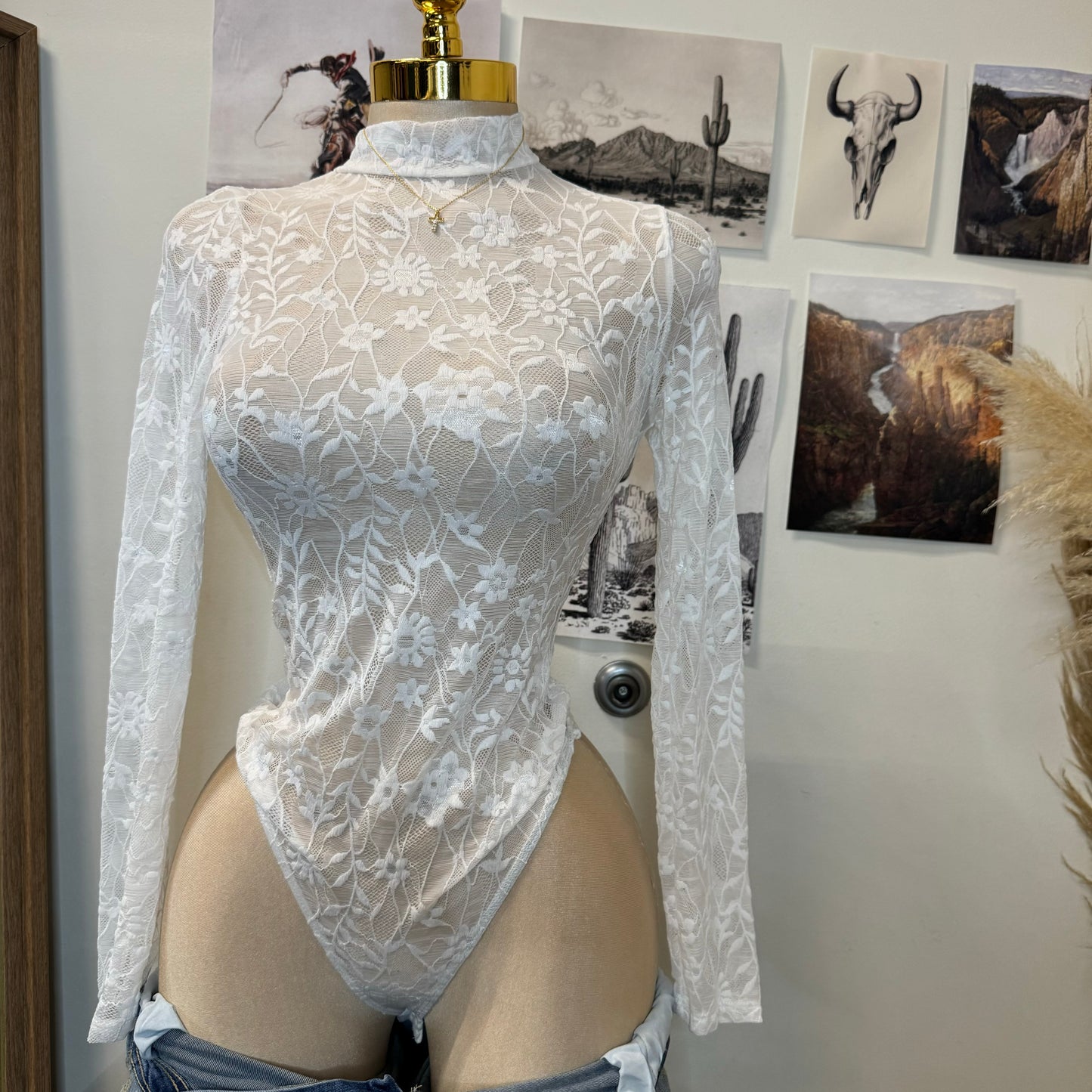 Flower Lace Bodysuit-White