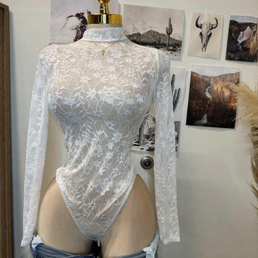 Flower Lace Bodysuit-White
