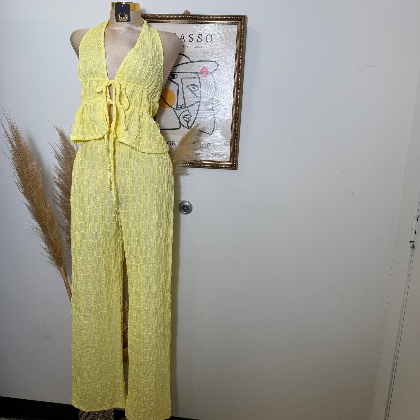 Front Tie Spaghetti Tie Halter Neck Top and pant set-Light Yellow