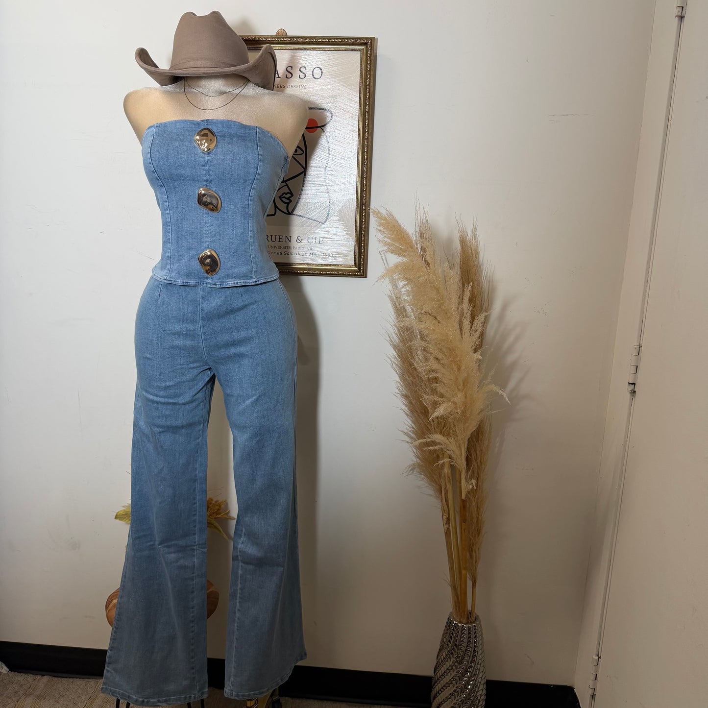 Strapless Denim Pant Set-Light Blue