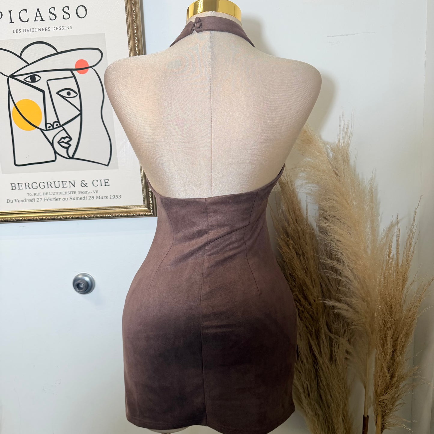 Halter Neck Suede Mini Dress-Brown
