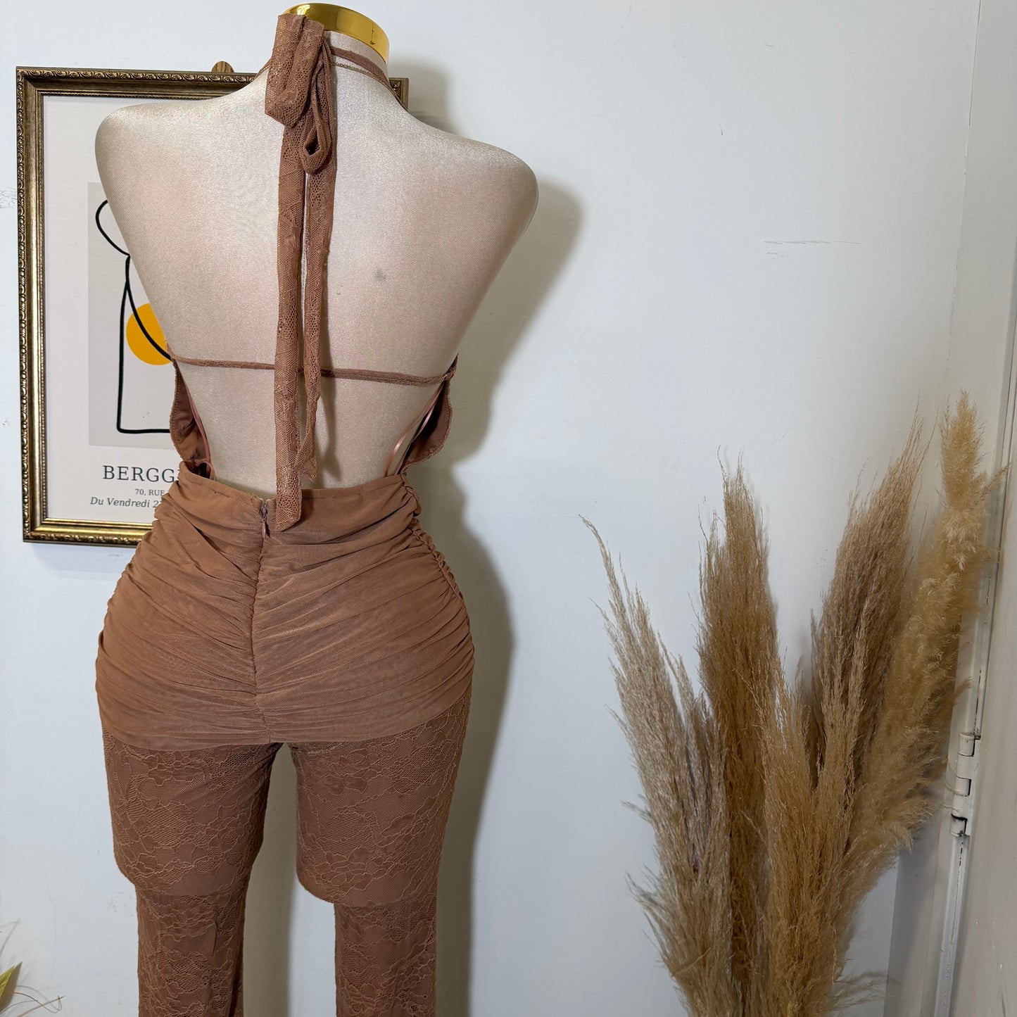 Halter Lace Jumpsuit Gold Detail-Brown