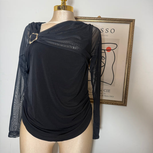 Long Sleeve Mesh Top with Gold Detail PL-Black