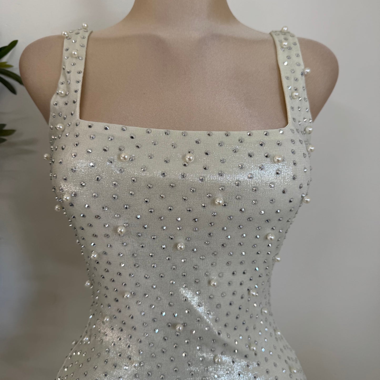Rhinestone and Pearl beaded Midi Dress-White