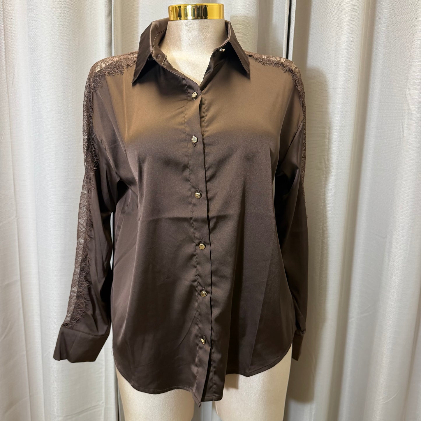 Long sleeve button up lace satin top-Brown