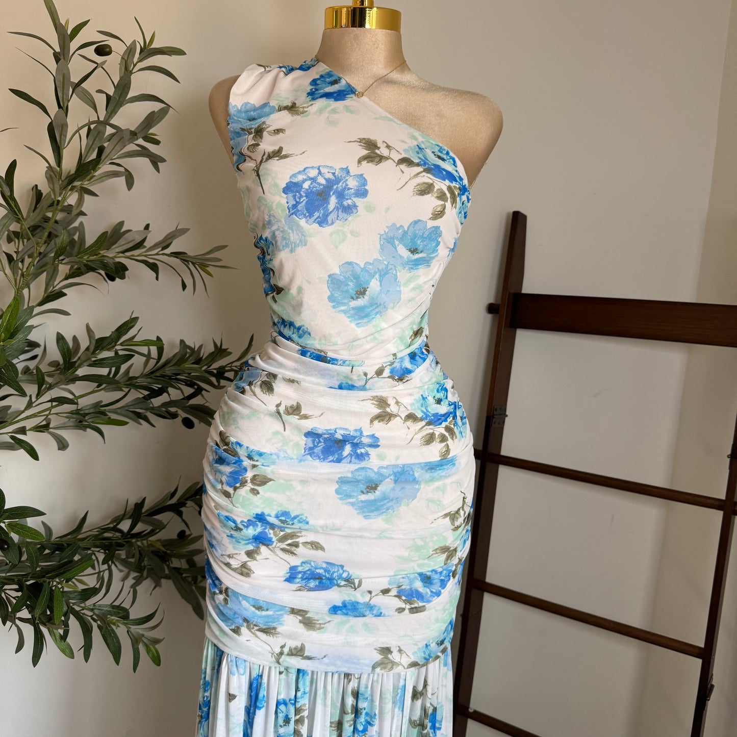 One Shoulder Mesh Maxi Dress-Blue/White