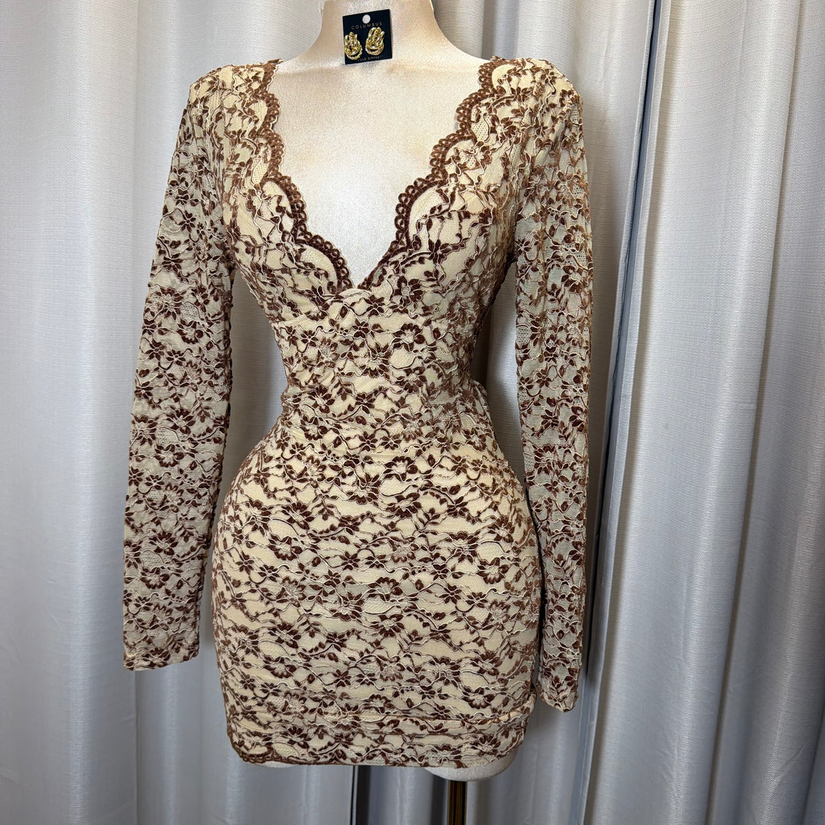 Lace Scallop Long Sleeve Bodycon Mini Dress-brown with Taupe