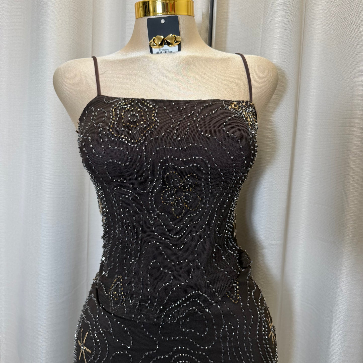 Spaghetti Mesh Top with beads-brown