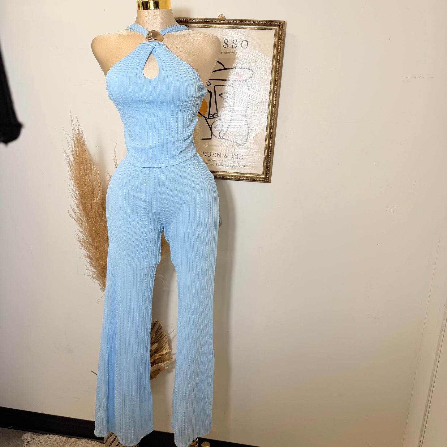 Front Cut Out Jewel Decor Halter Style Top and Pant Set-Baby Blue
