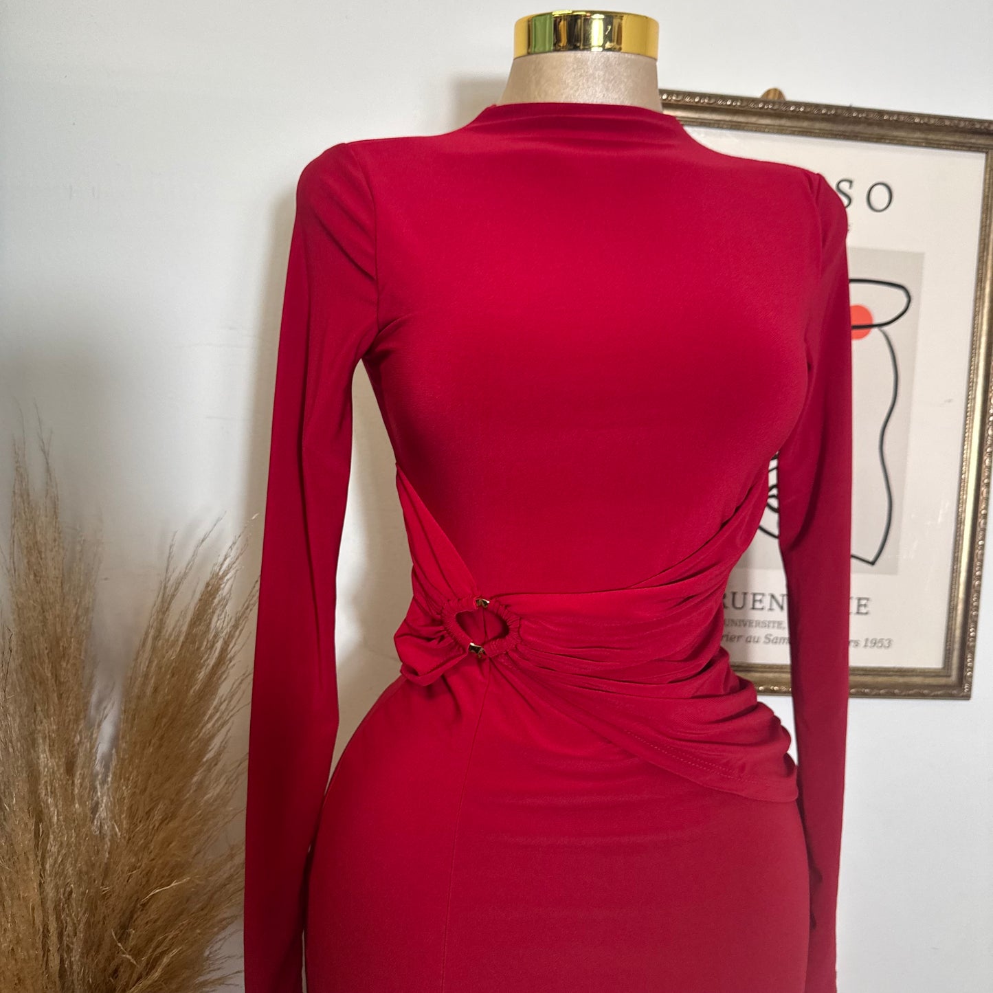 Long Sleeve Open Slit Dress-Red