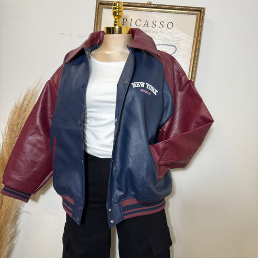 Faux Leather Oversize Jacket -Navy/Burgundy