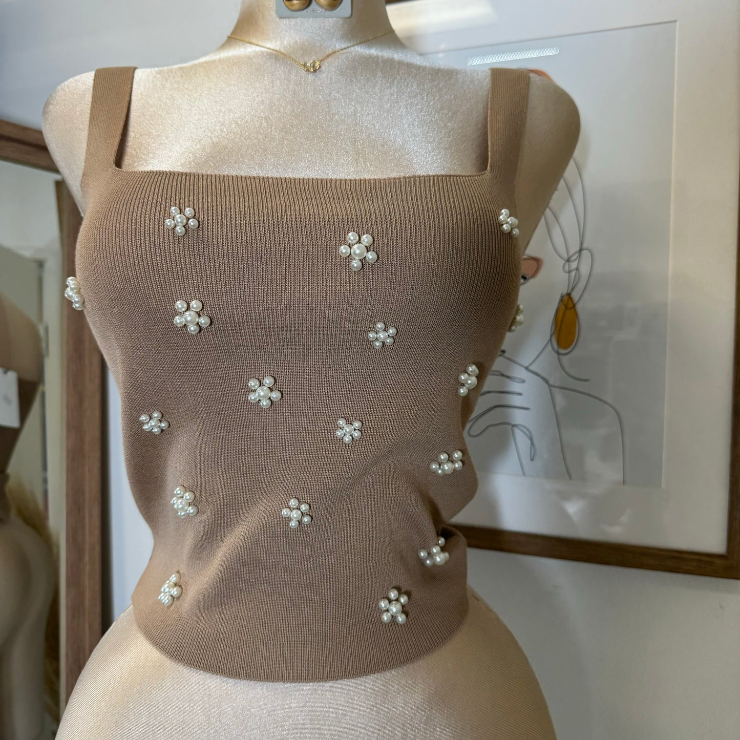 3D Flower Knit Tank Top-Taupe