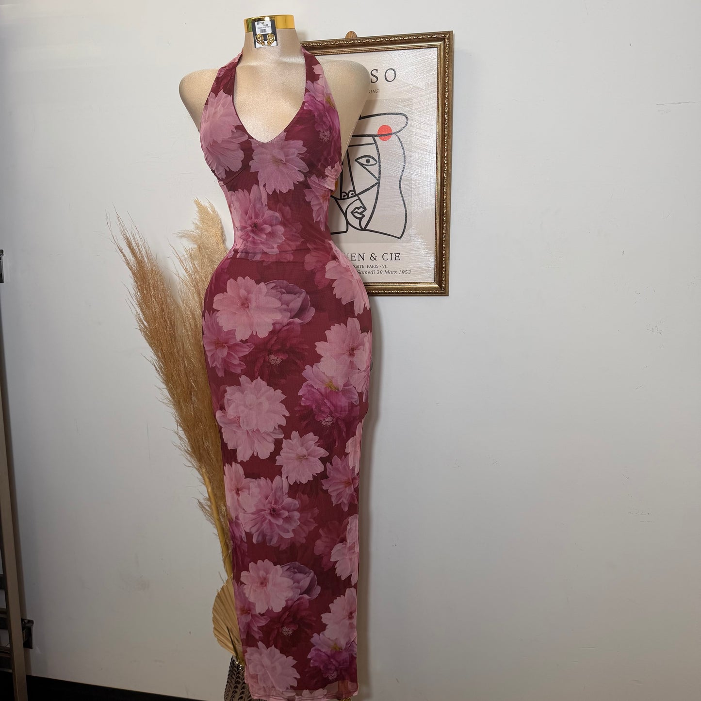 Mesh Print Halter Neck Back slit Maxi Dress-Mauve