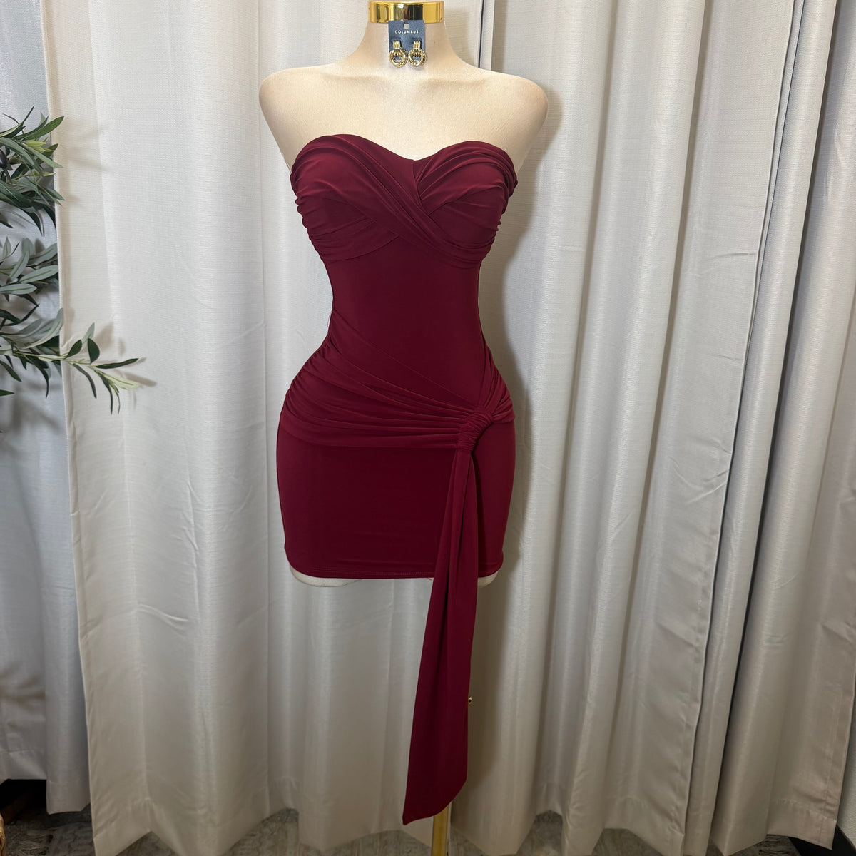 STRAPLESS WAIST WRAP MINI DRESS-Burgundy