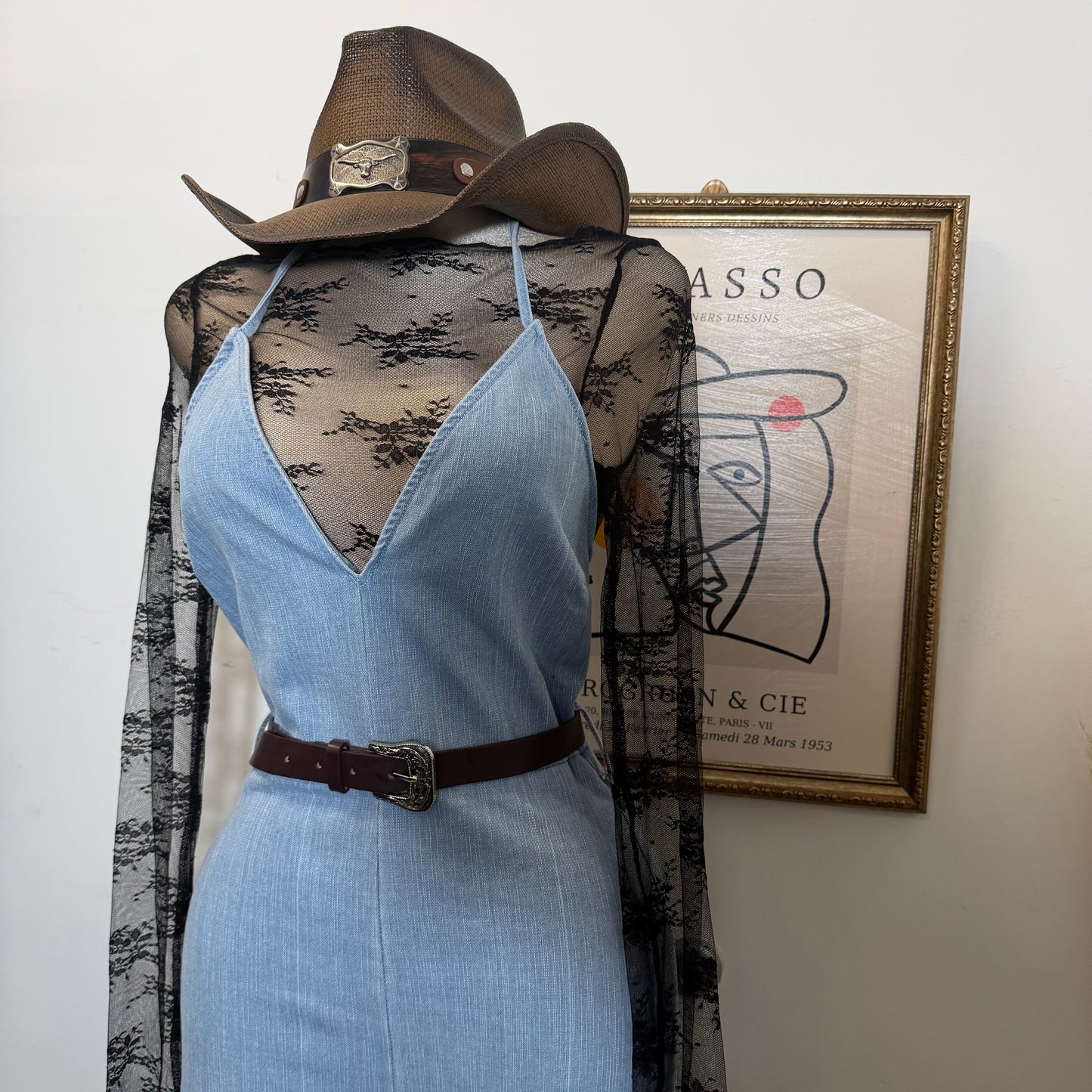 Denim Jumpsuit With Belt-Light Blue
