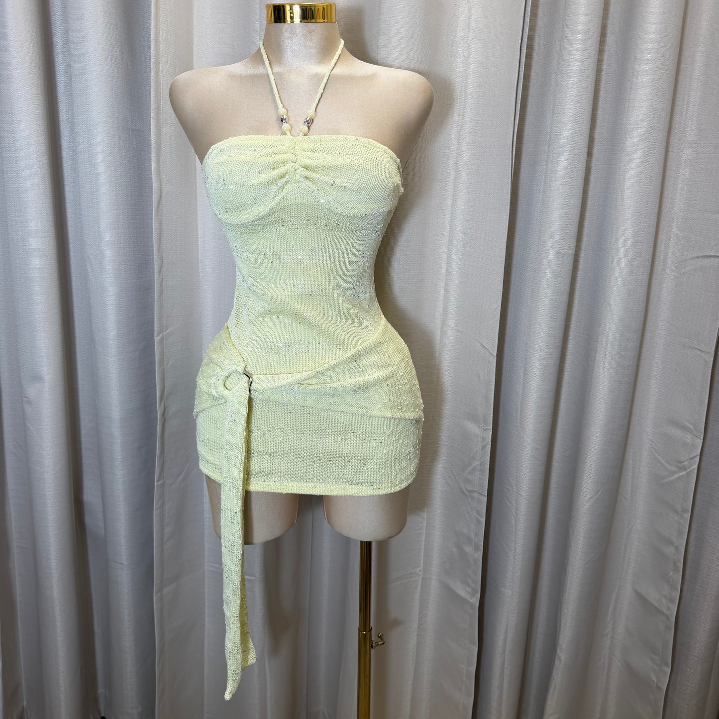 Halter Mini Dress with Front Detail-Lemon/Yellow