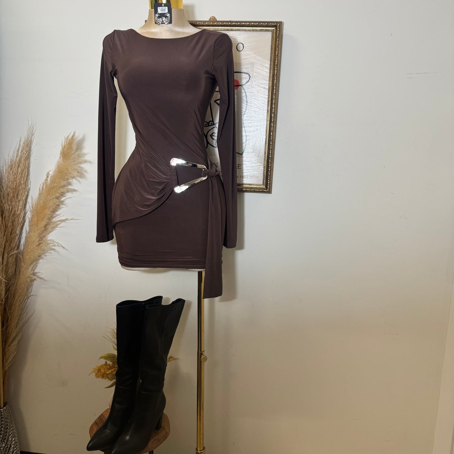 Long sleeve Drape Mini Dress-Brown