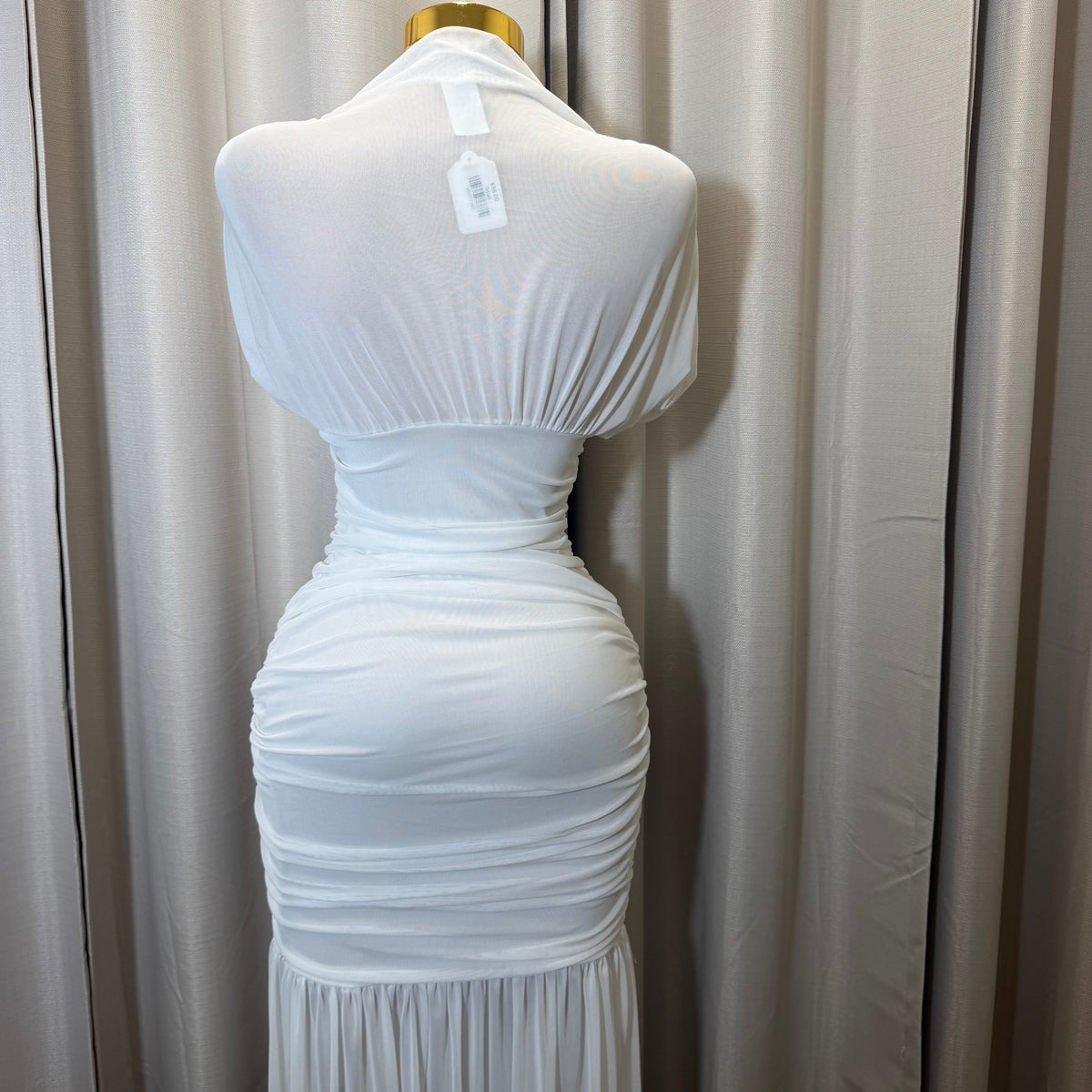 Mesh & Knit Mix Long Dress-White
