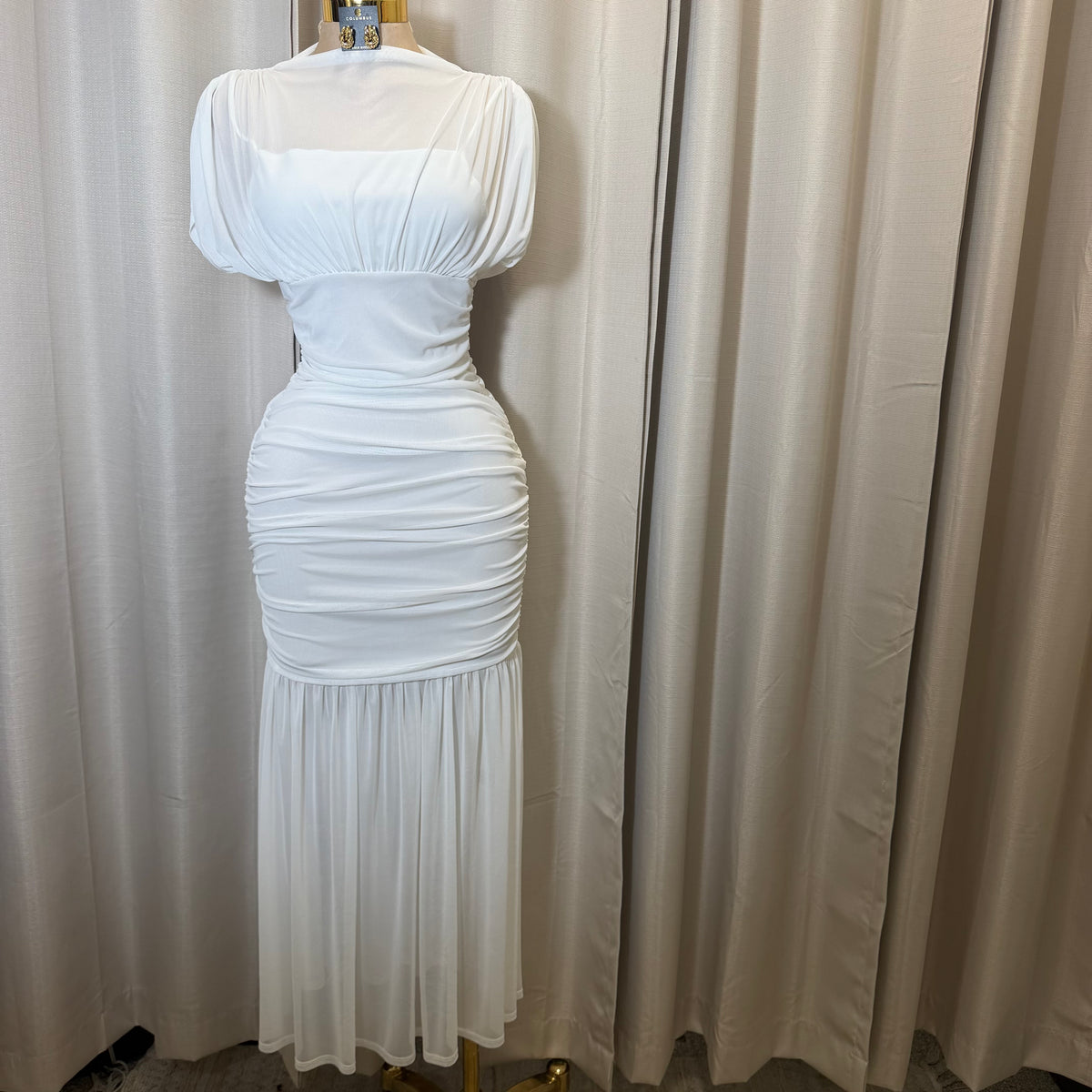 Mesh & Knit Mix Long Dress-White