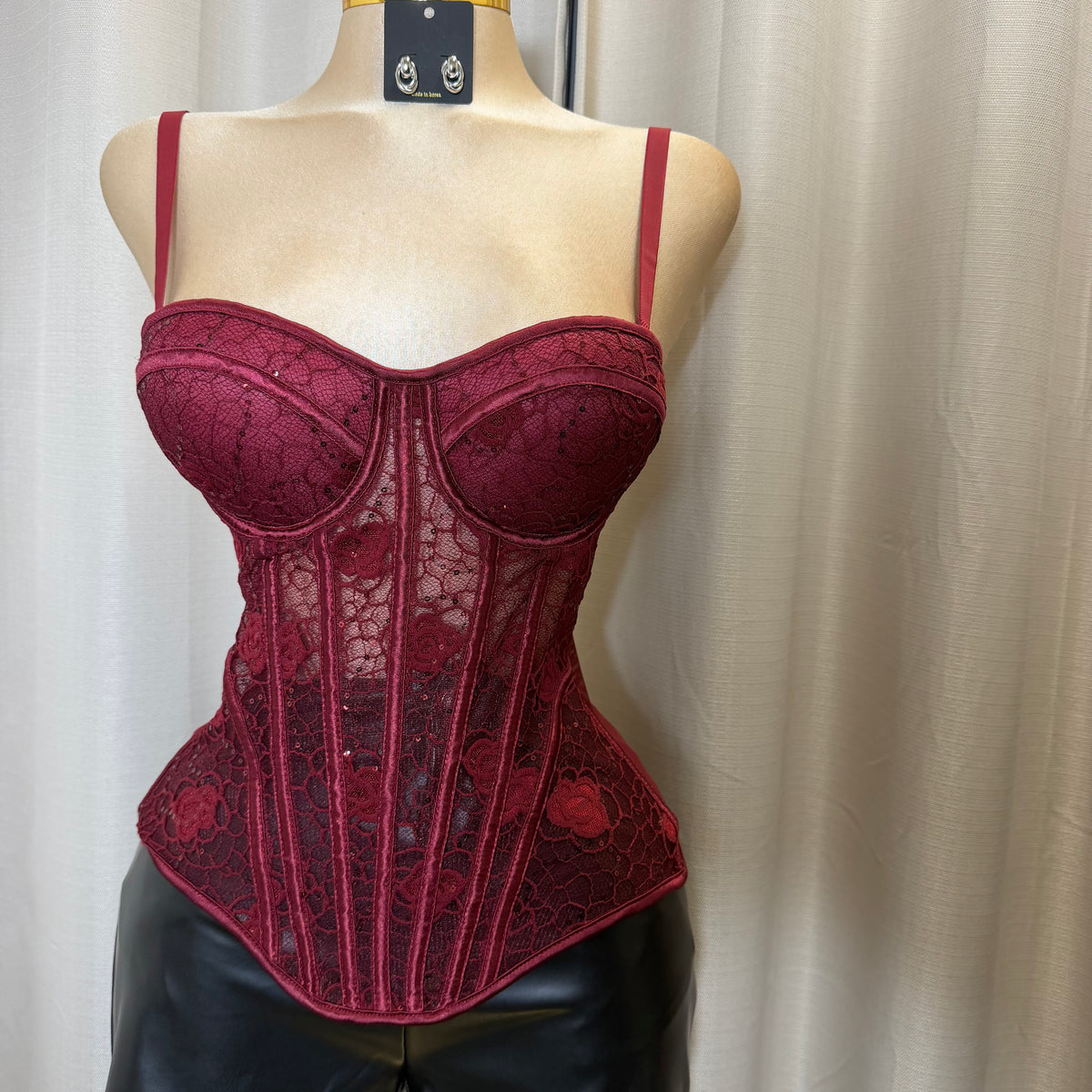 Long Body Mesh flower Corset Top-Burgundy