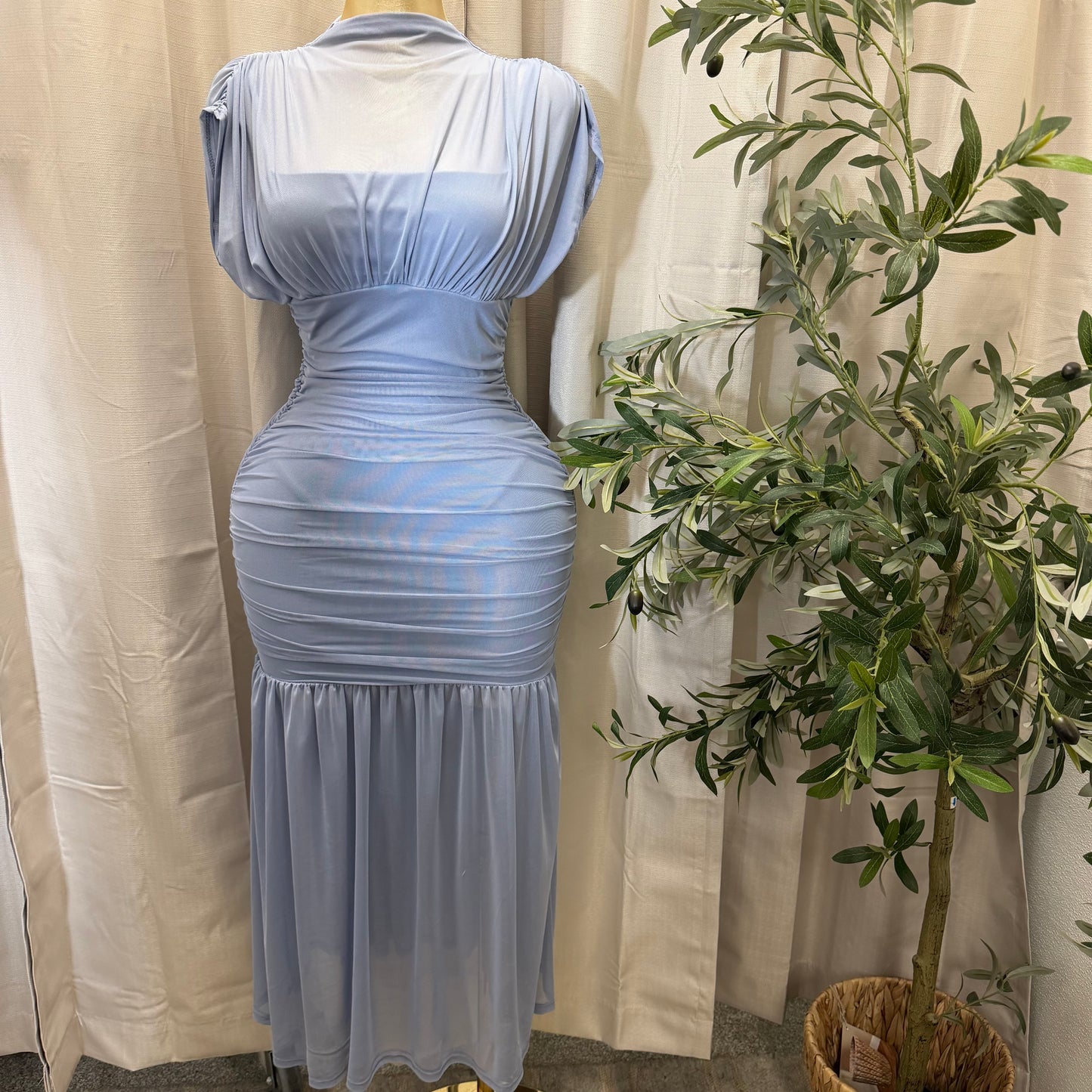 Mesh & Knit Mix Long Dress-Light Blue