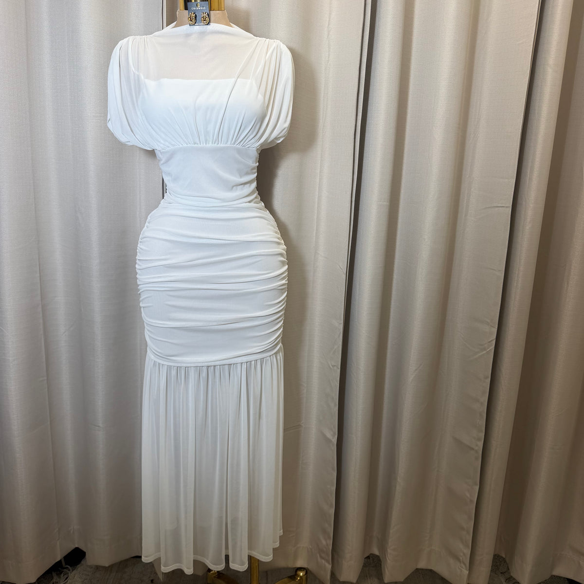 Mesh & Knit Mix Long Dress-White