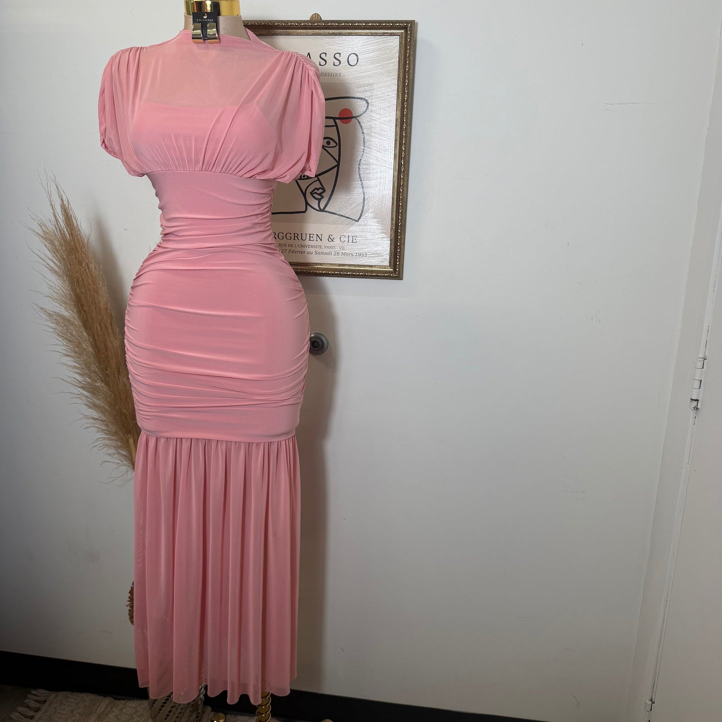 Mesh & Knit Mix Long Dress-Pink