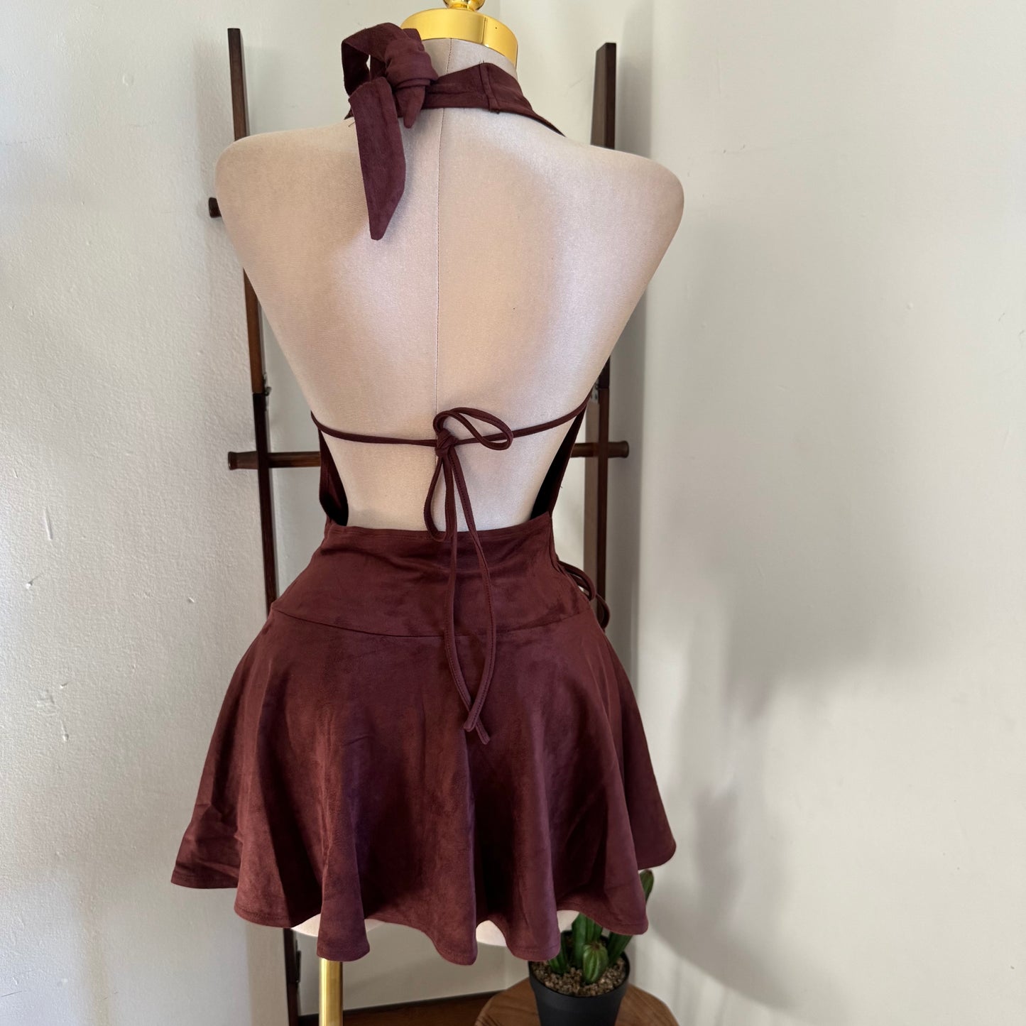 Suede Cowl Halter Open back Dress  -Burgundy