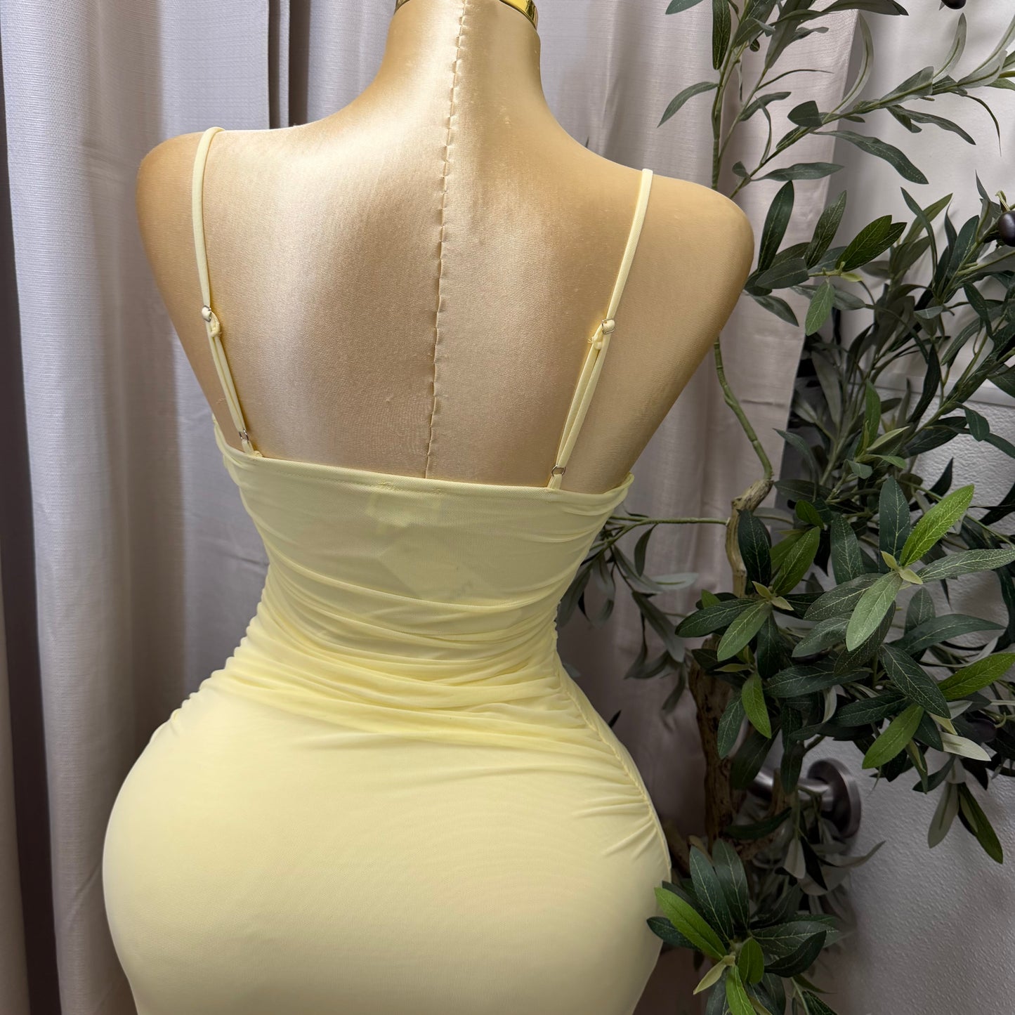 Mesh draped Slit Midi Dress-butter yellow
