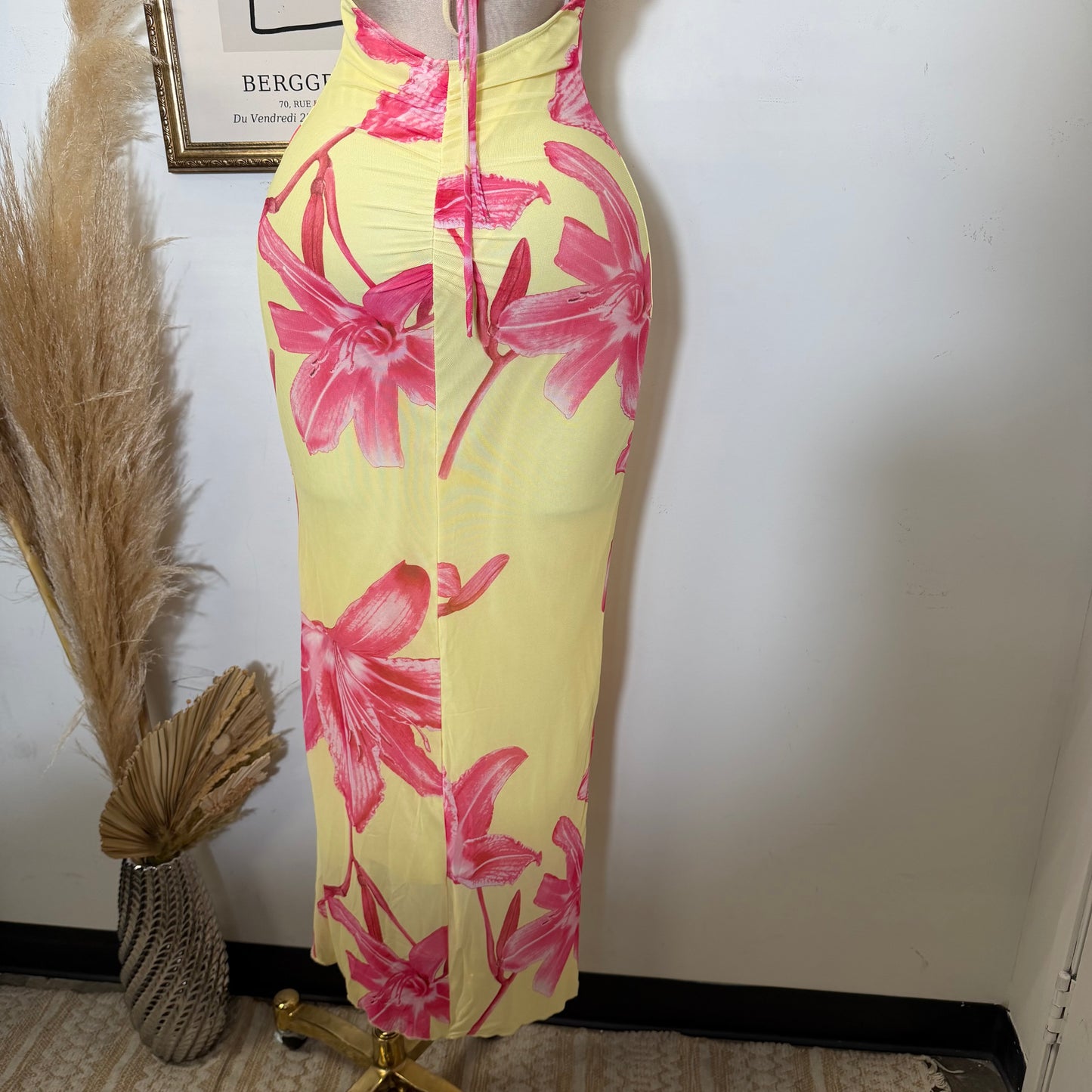 Halter Mesh Open Back Dress-Yellow Combo