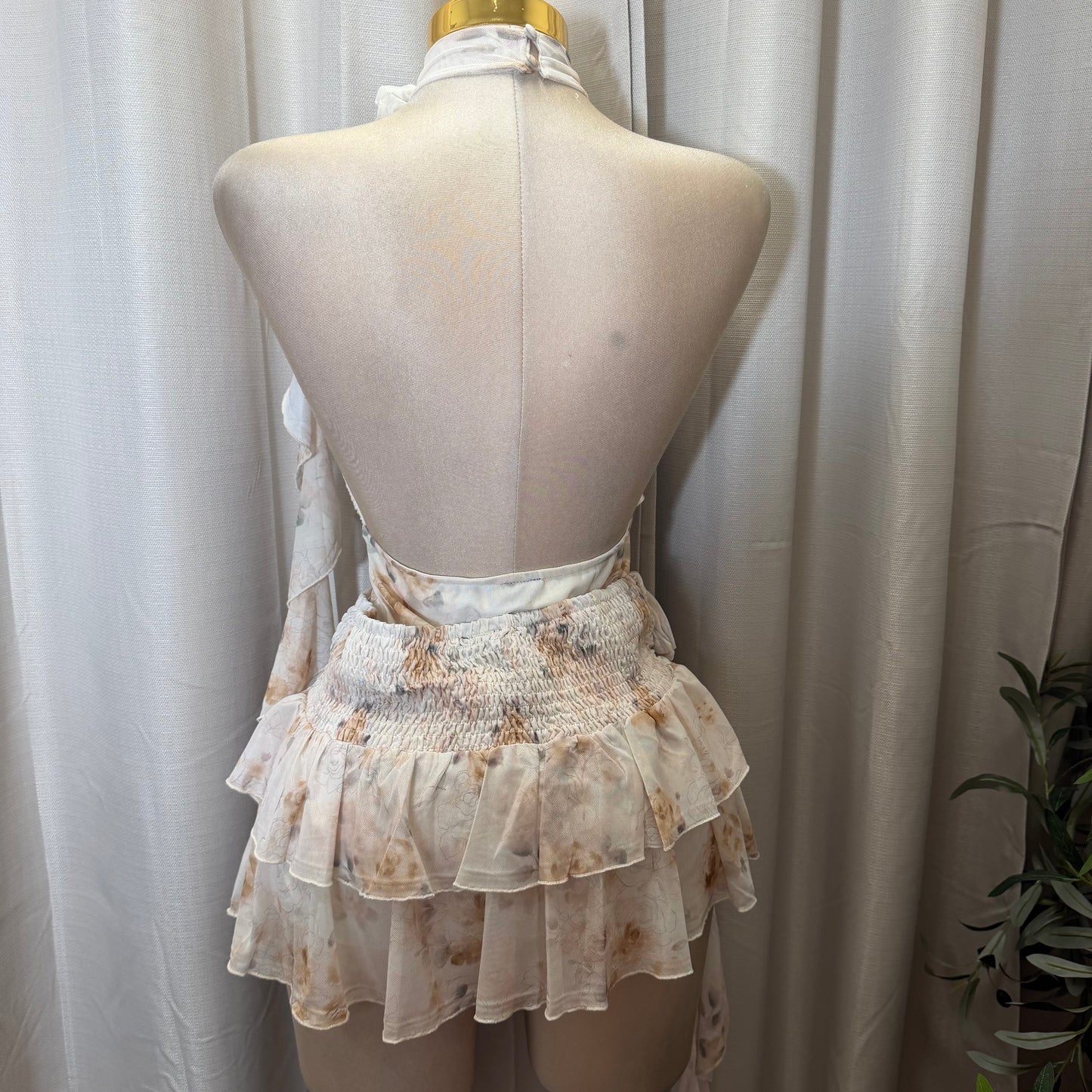 Flower halter Top with mini skirt set-Taupe