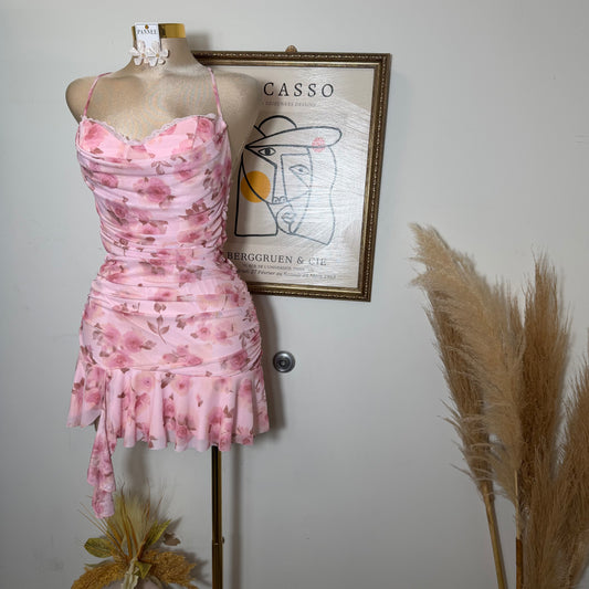 Floral open Back Mini Dress with Flowing Skirt-Pink