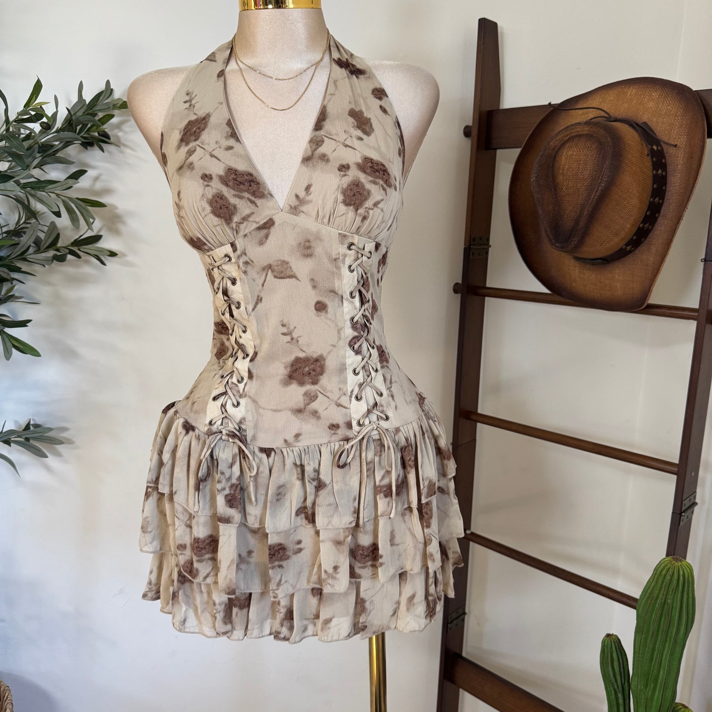 Halter eyelet inset ruffle Flare mini Corset Dress-Brown