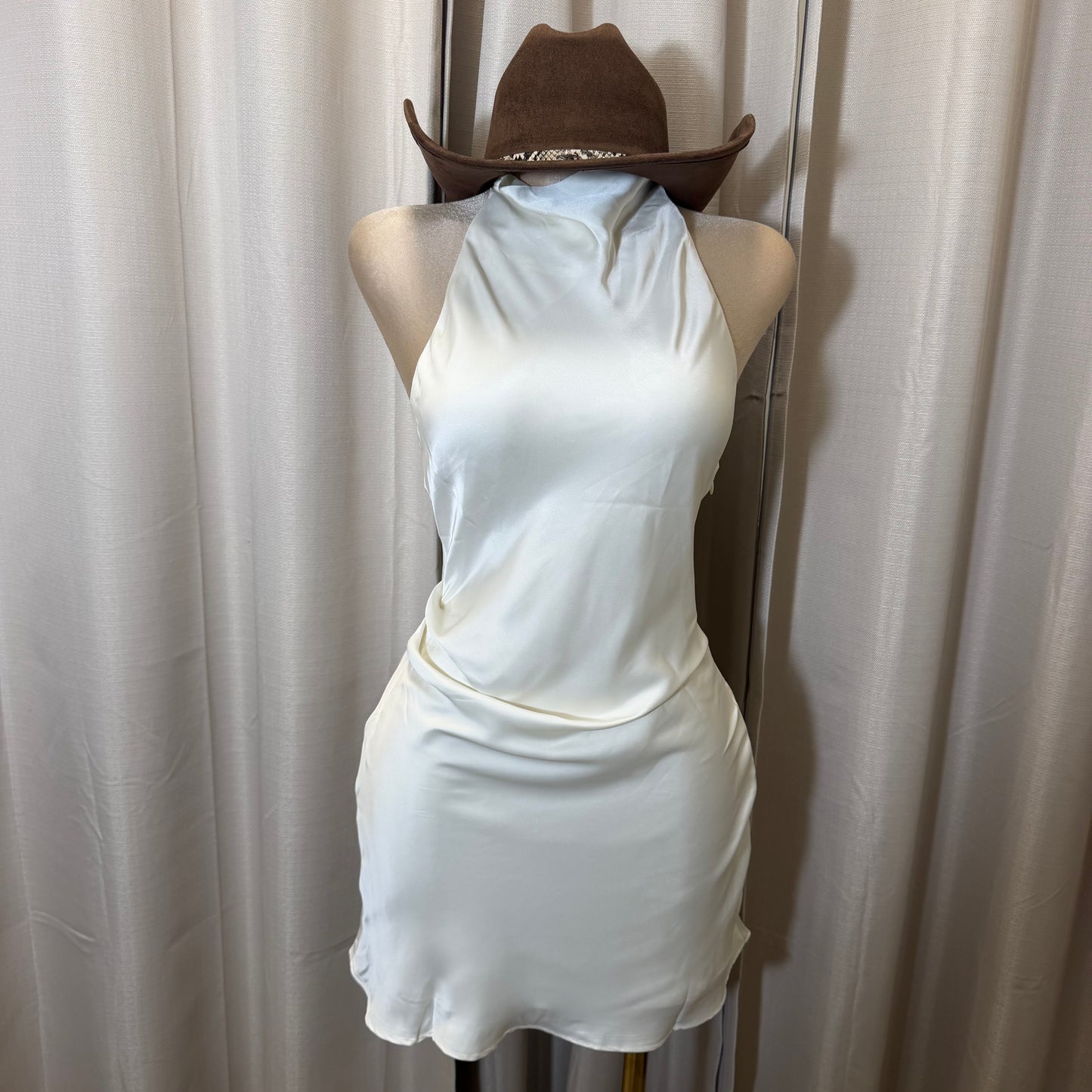 Satin Cowl Halter Neck Dress-Ivory/Cream/