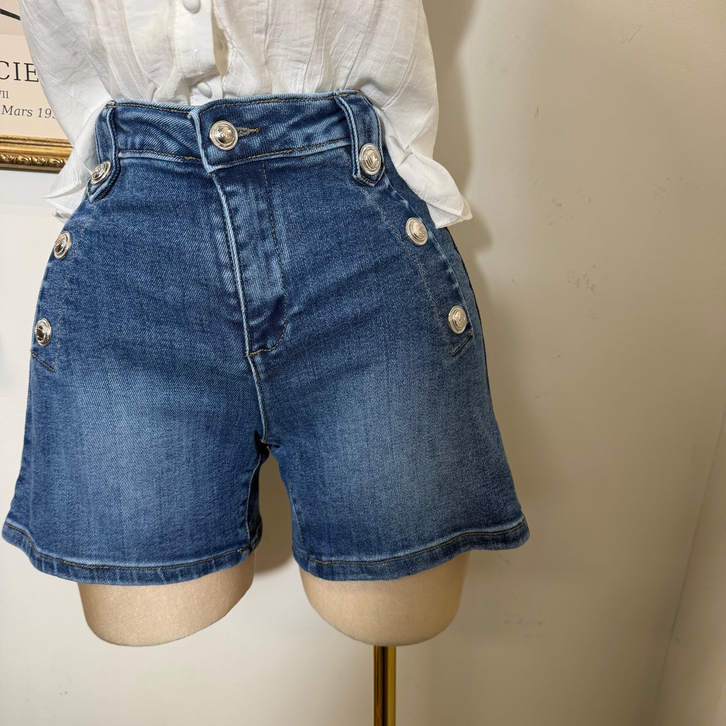 High Waisted Shorts Silver Button-Medium Wash